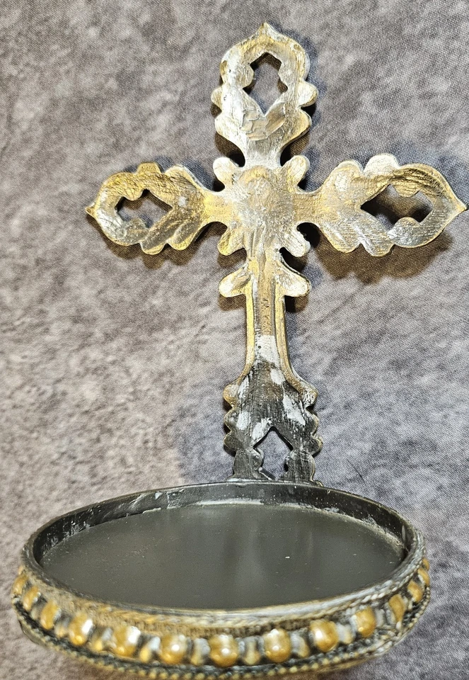 Cross Pillar Candle Holder Brass With Pearl Accents - Image 4 of 4