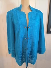 Ming Wang Teal Blue 3/4 Sleeve Hook Front Cardigan Silver Button Detail Size XL
