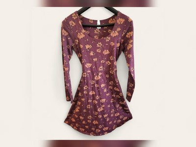 Pact Floral Belted Tie Waist Long Sleeve Dress Maroon Orange Womens Medium Fall
