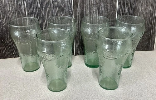Set of 6 Vintage Coca-Cola Green Pebble Texture Drinking Glasses 16 oz Embossed