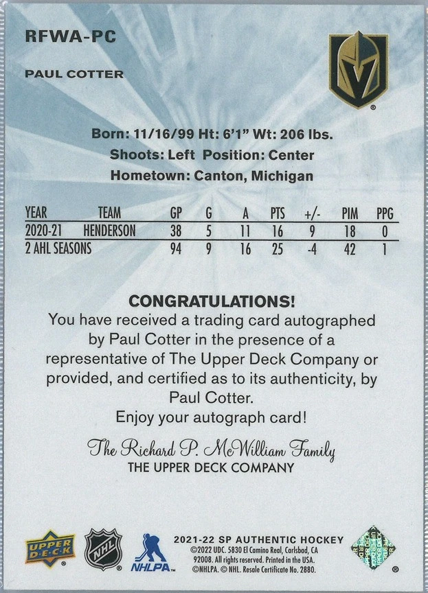 2021-22 SP Authentic 2011-12 Retro Future Watch Auto PAUL COTTER RFWA-PC /499 - Image 2 of 2