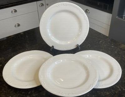 Set Of Pfaltzgraff Filigree White 3/4” Dessert Plates Embossed Scrolls  Dots