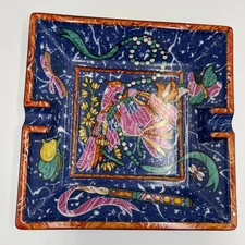 Hermès Limoges Porcelain Ashtray Birds & Butterflies Motif Blue Orange 16×16cm