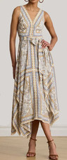 NWT Lauren Ralph Lauren Handkerchief Hem Midi Lined Dress, 10, Cream Multi, $195