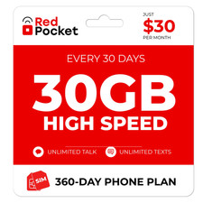  30/Mo RedPocket Prepaid Plan: 30GB  Unlimited Talk  Text