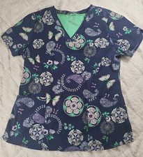 Premiere By Healing Hands Scrub Top Women M Navy Paisley V-Neck Butterflies