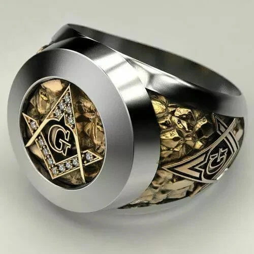 Anillo de compromiso de dos tonos de plata esterlina 925 para hombre masónico motociclista hombre masón Foto 4 de 4