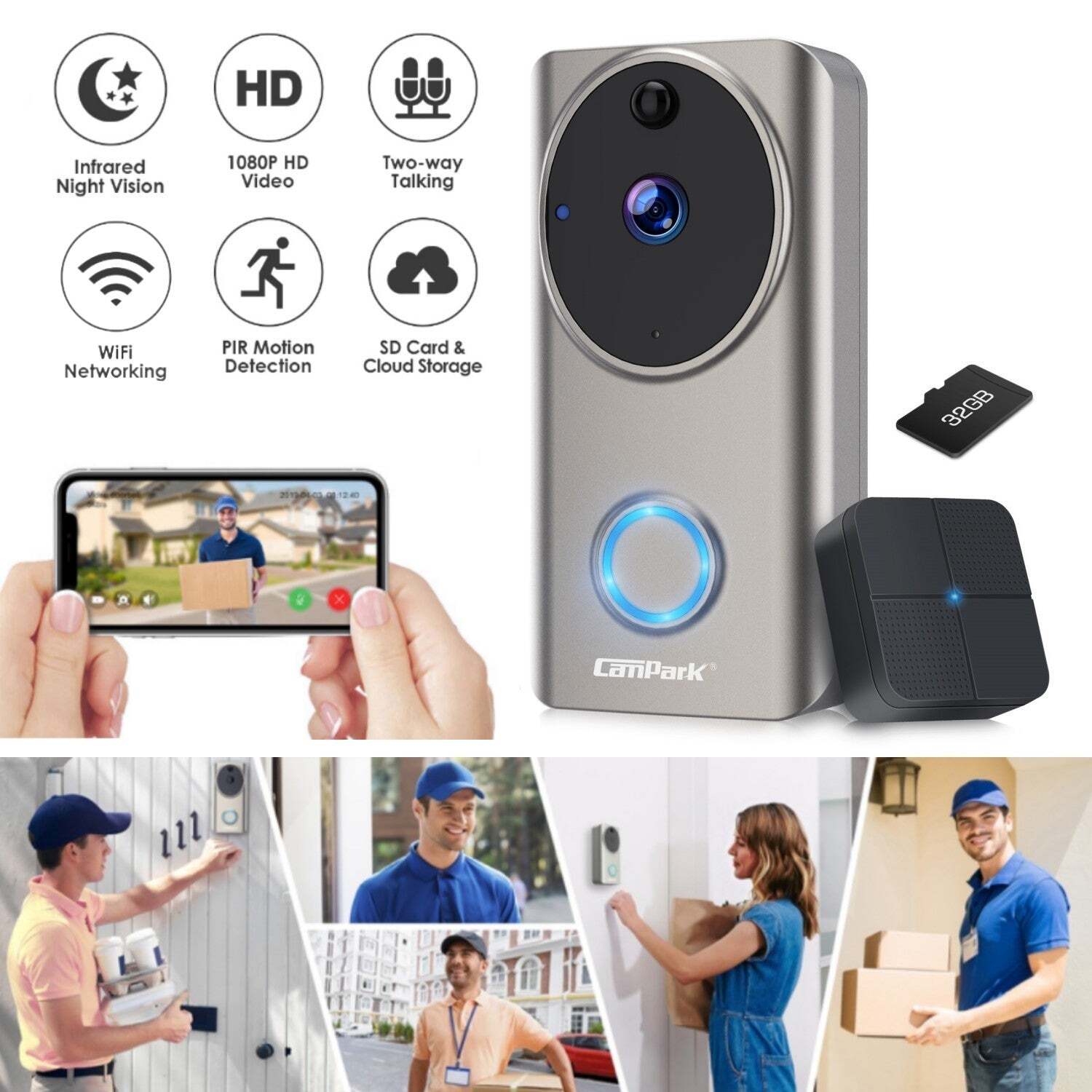 1080P Wireless WiFi Doorbell Smart Home Security Camera Bell Night Vision+32GB-image