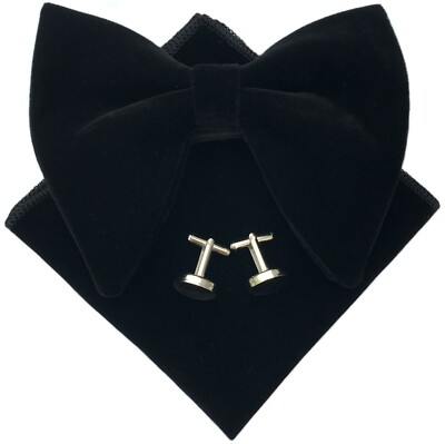 Mens Pre-Tied Oversized Bow Tie Black Velvet Bowtie Cufflinks Hankie Tuxedo Sets