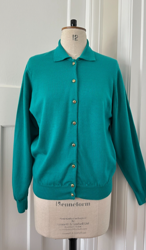 RETRO HODGSON OF SCOTLAND RICH TEAL GREEN PURE MERINO COLLARED CARDIGAN UK12-14