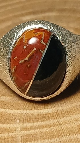 NATÜRLICHER ROTER COLORADO DINOSAURE KNOCHEN & WASHINGTON SCHWARZE JADE STERLING RING - Bild 1 von 4