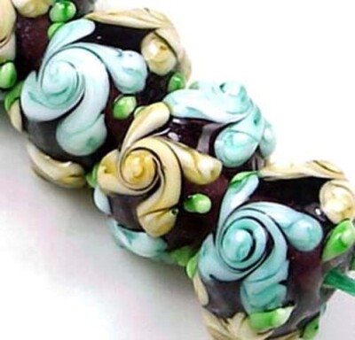 8 Handmade Lampwork Glass Rondelle Beads ''Primrose Flower'' Blue Beige on Brown