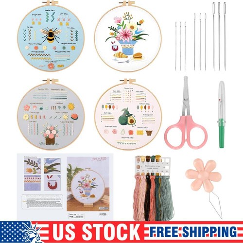 4 Sets Embroidery Starter Kit for Beginners Cross Stitch Stamped DIY Decor Craft