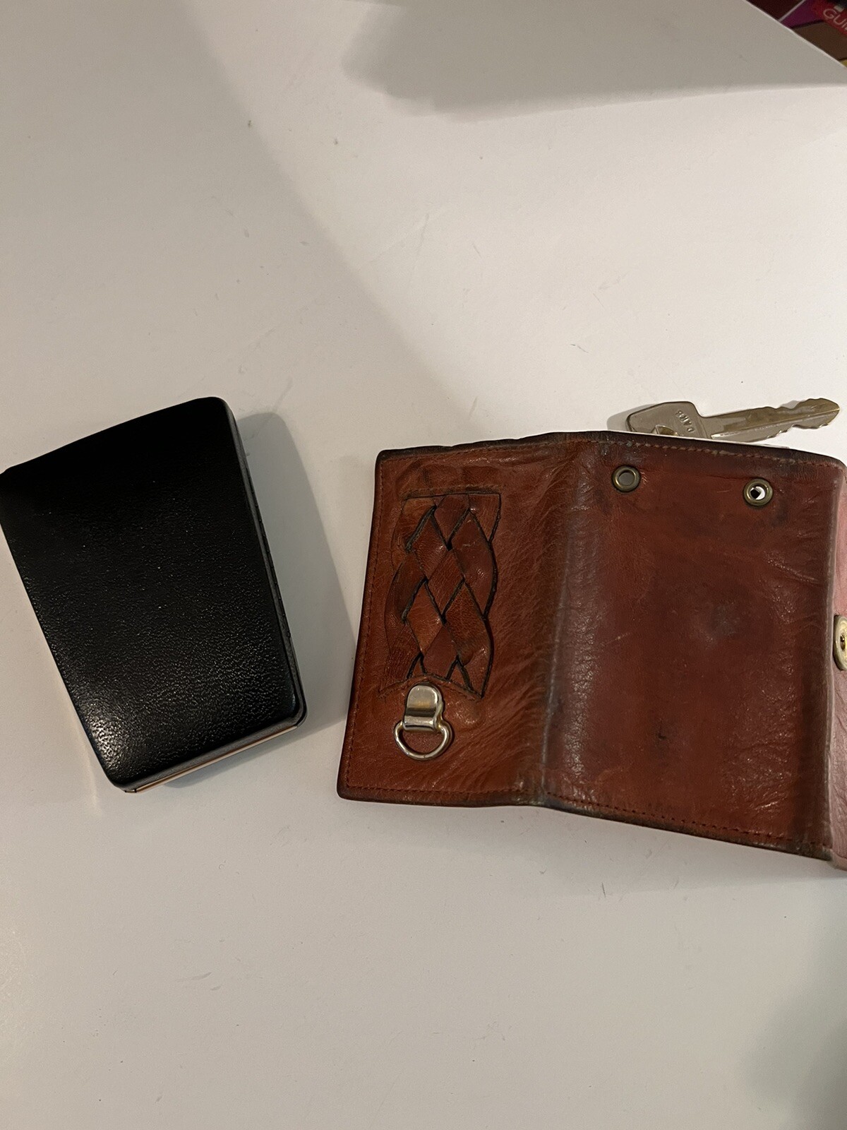Buxton Brown Leather foldover Keytainer Key + Hard Case Key Holder LOT