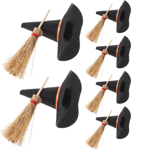 12PCS Halloween Mini Witch Hats Brooms Party Hat Brooms Doll House Scene Layout - Picture 11 of 12