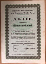 Aktie "Deutsche Electromobil- und Motoren-Werke AG" 1000 Mark, 1922, sehr selten