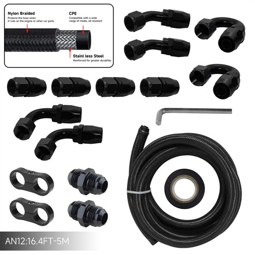 16.4FT 5M AN12 Nylon Stainless Steel Braided Fuel Line + Hose End Fitting Kit - Picture 3 of 10