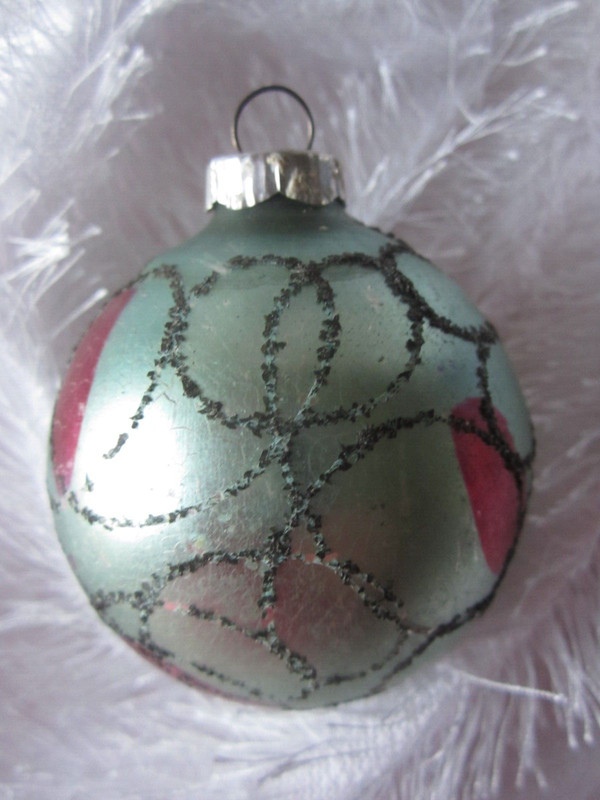 Vintage 2.25" Green with Mica Christmas Design GLASS ROUND BALL ORNAMENT