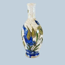Antique Persian Middle Eastern Islamic Blue Bird Floral Painted Pottery Vase 8.5