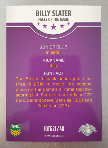 2016 NRL Traders Faces of the Game Card Billy Slater FOTG21/48 - Picture 2 of 2
