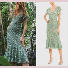 NWT Mac Duggal [ 14 ] 10801 Sequined V-Neck Flutter Cap Sleeve Dress Sage G1928