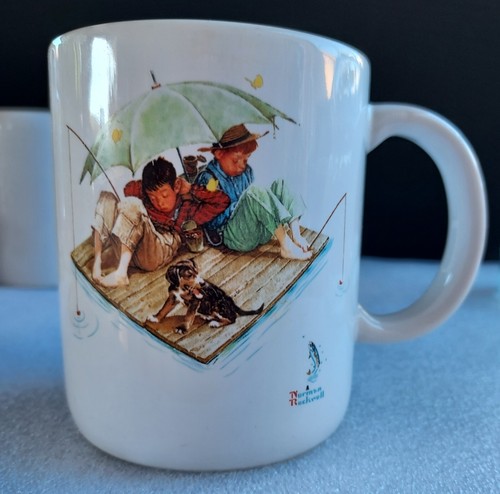 Norman Rockwell Fisherman's Paradise & Trout Dinner Coffee Mugs 1987 Museum Cups - Picture 7 of 12