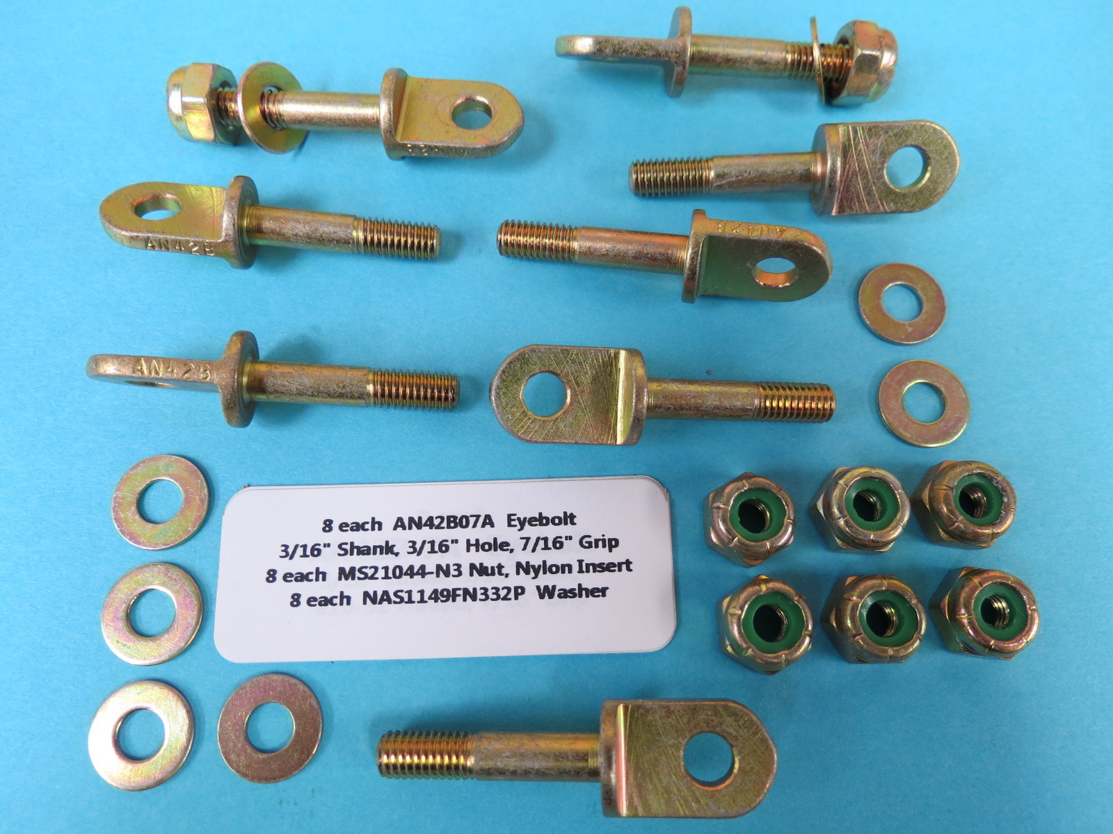 AN42B7A Aircraft Eyebolts + MS21044N3 Nylon Insert Lock Nuts + Washers