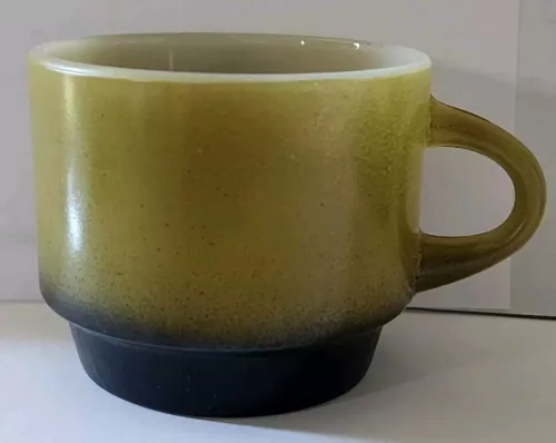 Anchor Hocking Mugs Fire King Avocado Green & Black Cups Stackable Rare 10 Piece