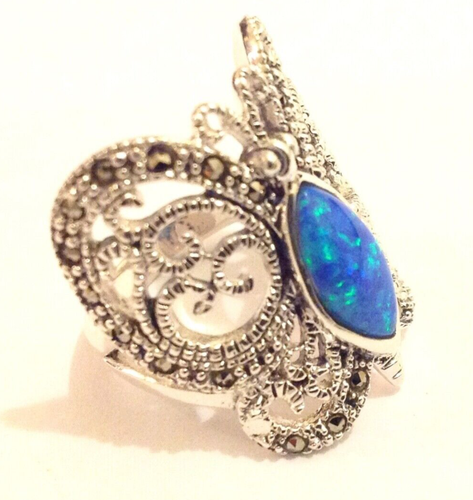 Blue Green Opal Marcasite Openwork Butterfly Statement Ring Sterling Silver 8 P - Picture 11 of 12