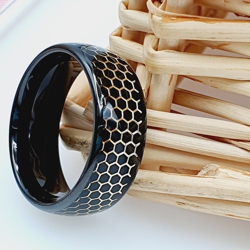 Tungsten Wedding Band – Black Dome Promise Ring for Men with Hexagonal Honeycomb - Picture 6 of 7