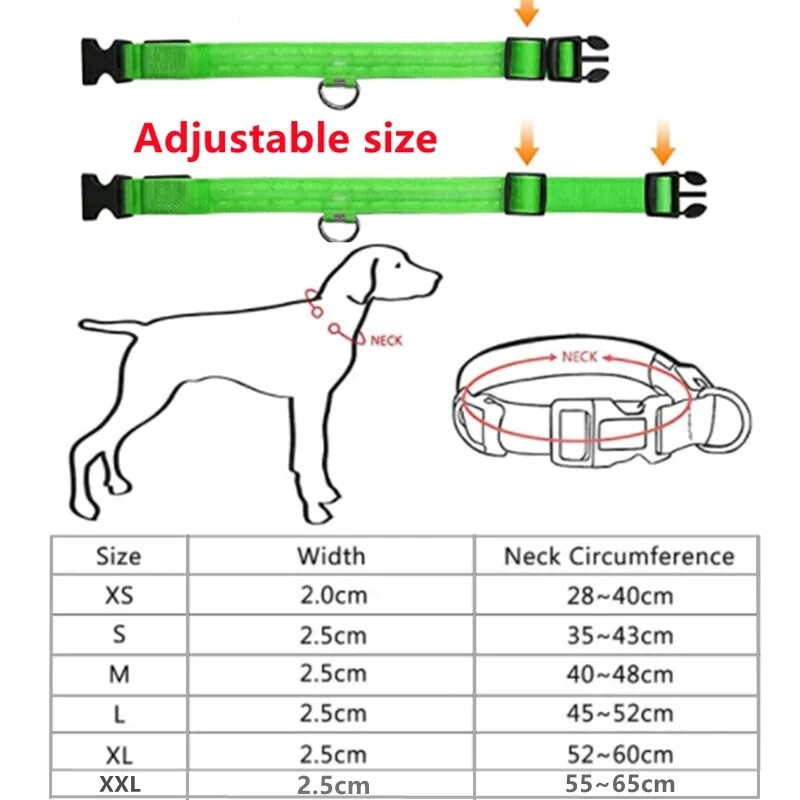 LED Adjustable Dog Collar Blinking Flashing Light Up Glow Pets Safety