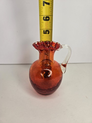 VINTAGE SMALL HAND BLOWN CRACKLE ART GLASS VASE WITH APPLIED HANDLE RED ORANGE - Picture 15 of 15
