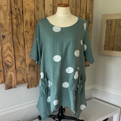 Camicetta tunica verde a pois Made in Italy 100% lino 8 top Lagenlook oversize