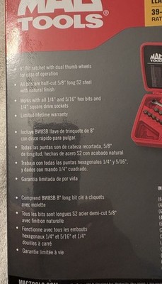 Mac Tools SBR39SB 39 PC Hex Bit Ratchet Set Never for sale online