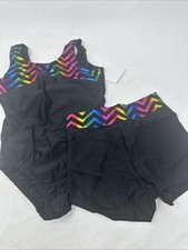 NWT Reflectionz Girls Leotard Short Black Rainbow Chevron Dance Gymnastics 5/6