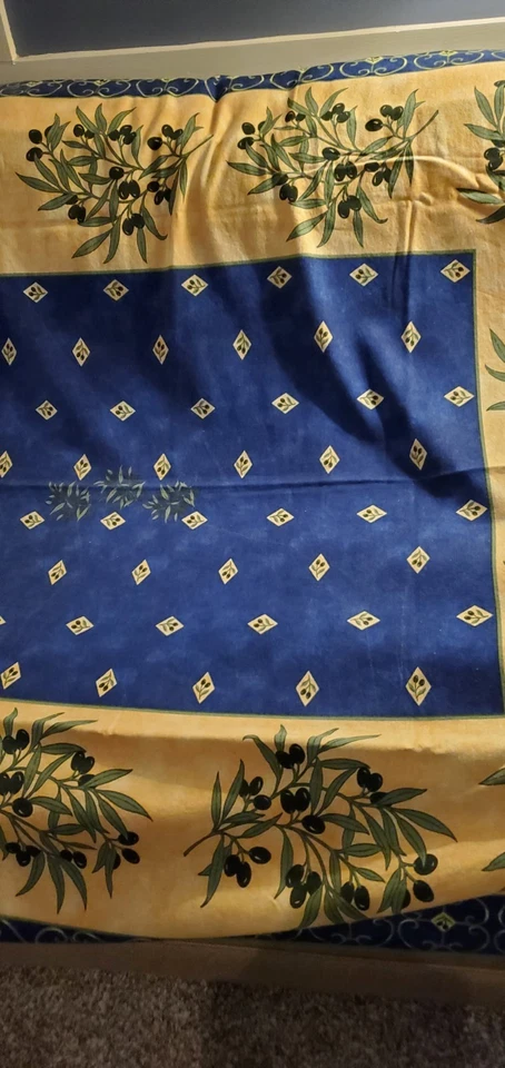Italy Cotton Tuscany Olive Branches Blue Yellow Tablecloth 85" X 53" NEW -Flaw - Image 3 of 4