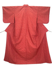 Unused Vintage Japan Silk Komon Kimono XL 24.8in Yuki Seigaiha Orange Persimmon