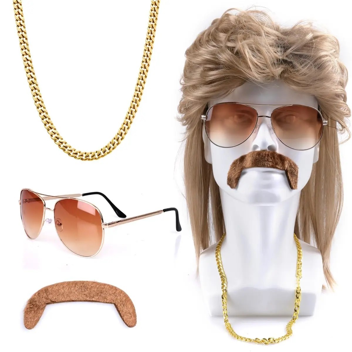 Para hombres Años 80 Peluca Salmonete Marrón Rocker Disfraz Gafas de sol Collar Barba Reino Unido