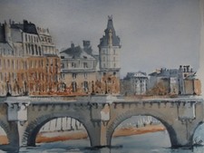 Aquarelle originale signée  paysage  Paris "Le pont neuf"