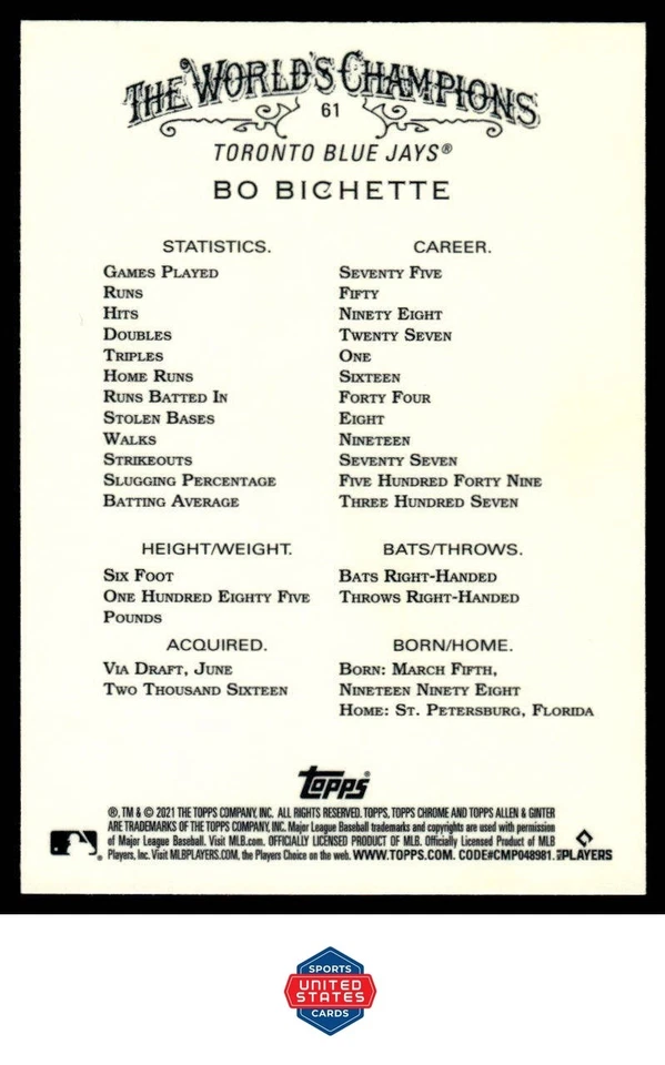 2021 Topps Allen & Ginter Chrome #61 Bo Bichette - Image 2 of 2