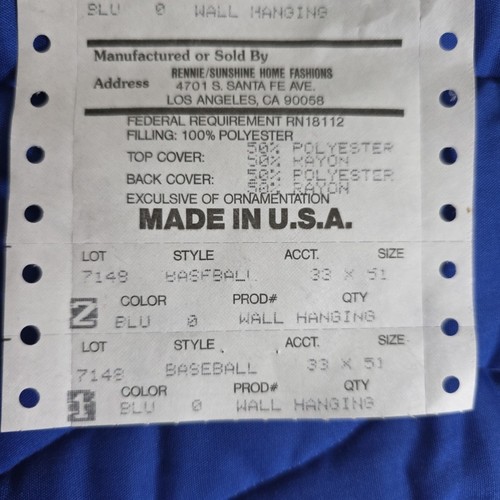 Vintage Jc penney Baseball Wall Hanging Blanket Blue 51"×29" Made In Usa - Picture 7 of 9
