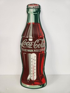 1953 COCA COLA Old Die-Cut Coke Bottle 17 Inch Tin Thermometer Sign Immaculate