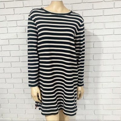 Lou & Grey Striped Long Sleeve Shift T-Shirt Dress Navy Blue Tan White | XL