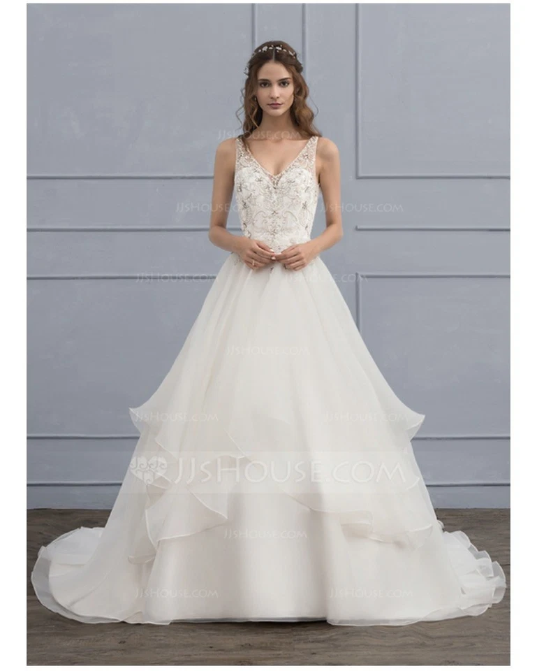 Abito da ballo scollo a V corte treno organza abito da sposa con paillettes... - Immagine 4 di 4