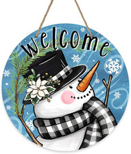Welcome Winter Sign for Front Door Decor Snowman Blue Black White Snowman
