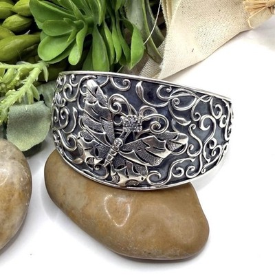 Ross Simons Vintage 80s Diamond Chip HEAVY Sterling BUTTERFLY Cuff bracelet