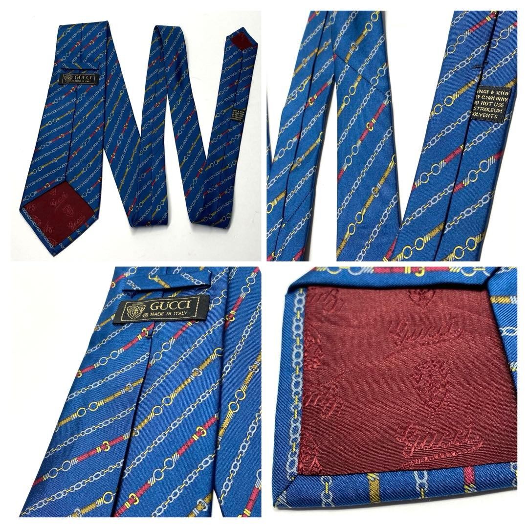 Gucci Necktie Tie 100% Silk Blue Chain Striped Pattern 3.5 inches From Japan thumbnail 18