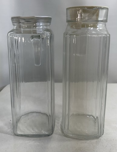 2 ARC France Glass Water Pitcher Juice Jugs Ribbed White Lid Refrigerator