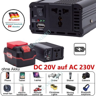 200W Spannungswandler 20V 230V Wechselrichter Inverter Für Parkside x20V Akku DE