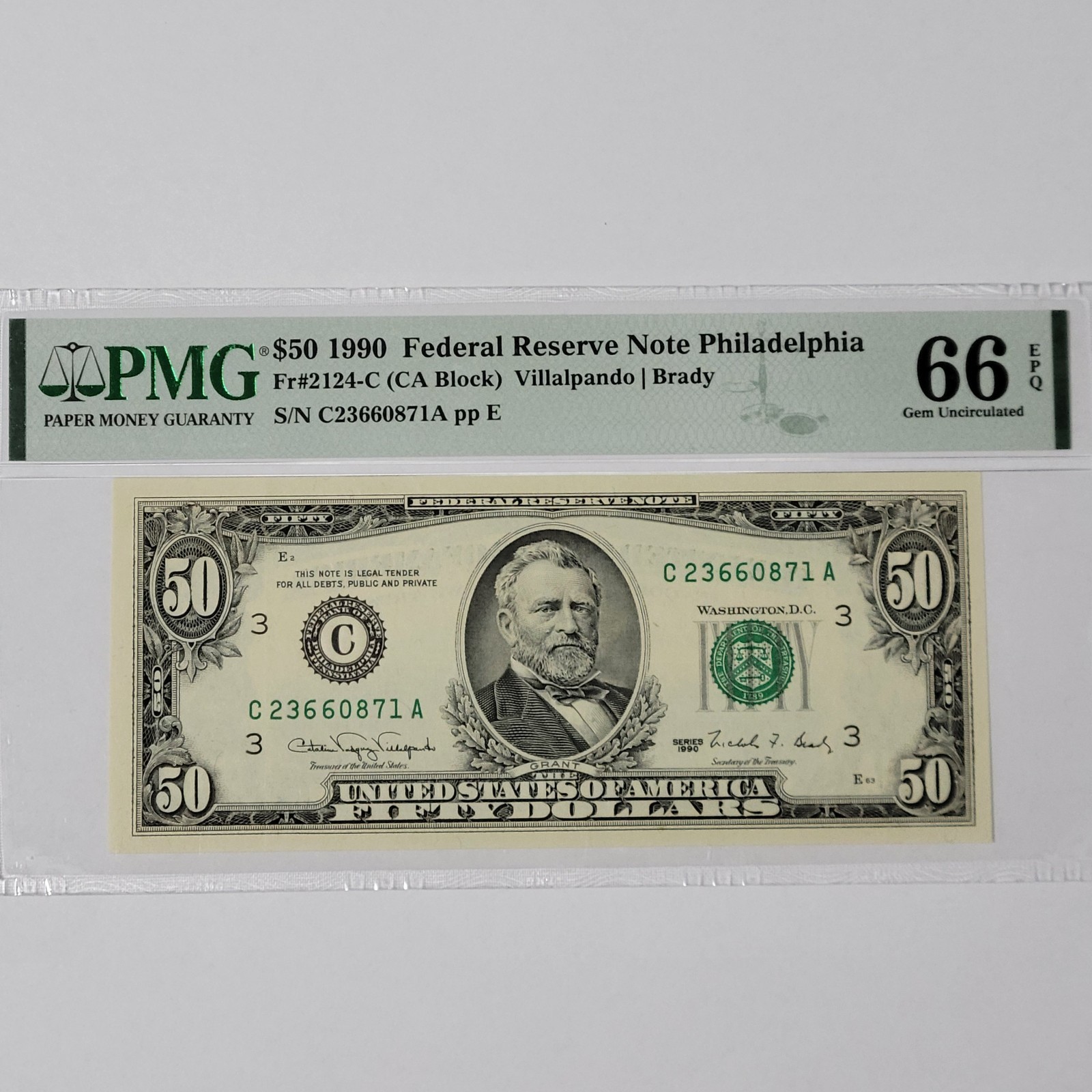 1990 $50 FEDERAL RESERVE NOTE PHILADELPHIA Fr. 2124-C PMG 66 EPQ GEM UNC